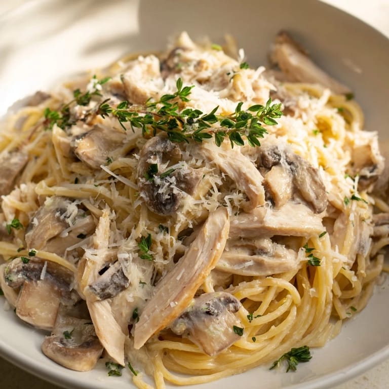 Comforting Creamy Mushroom Chicken Spaghettini in a white bowl, with a glass of crisp white wine and warm, inviting aromas.