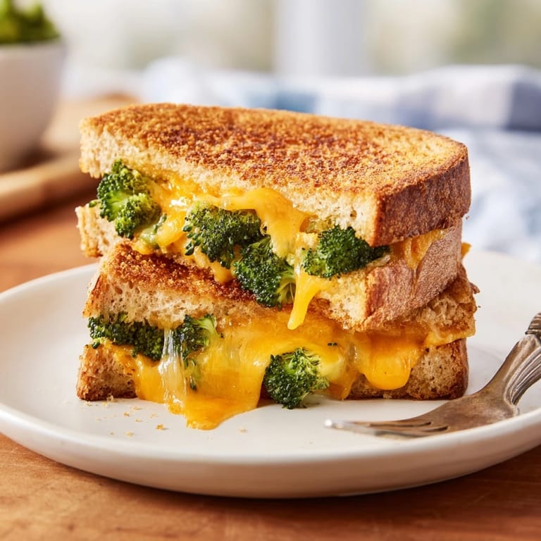 Roasted broccoli and cheddar grilled cheese slices reveal gooey, sharp cheddar and tender florets.