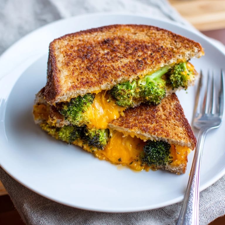 Golden roasted broccoli and cheddar grilled cheese pairs perfectly with creamy tomato soup.