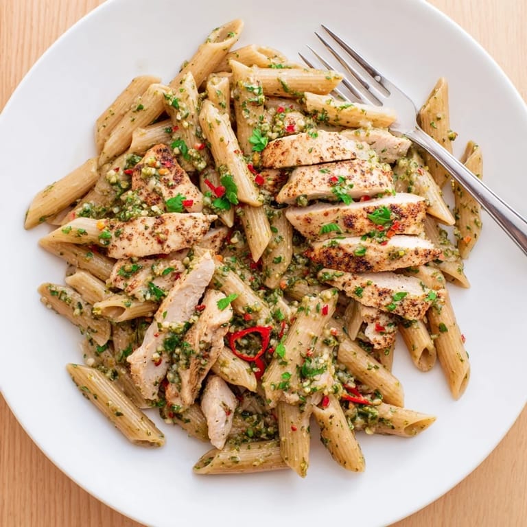 A close-up of Chimichurri Chicken Pasta, highlighting the glossy green sauce clinging to al dente pasta and juicy slices of grilled chicken.
