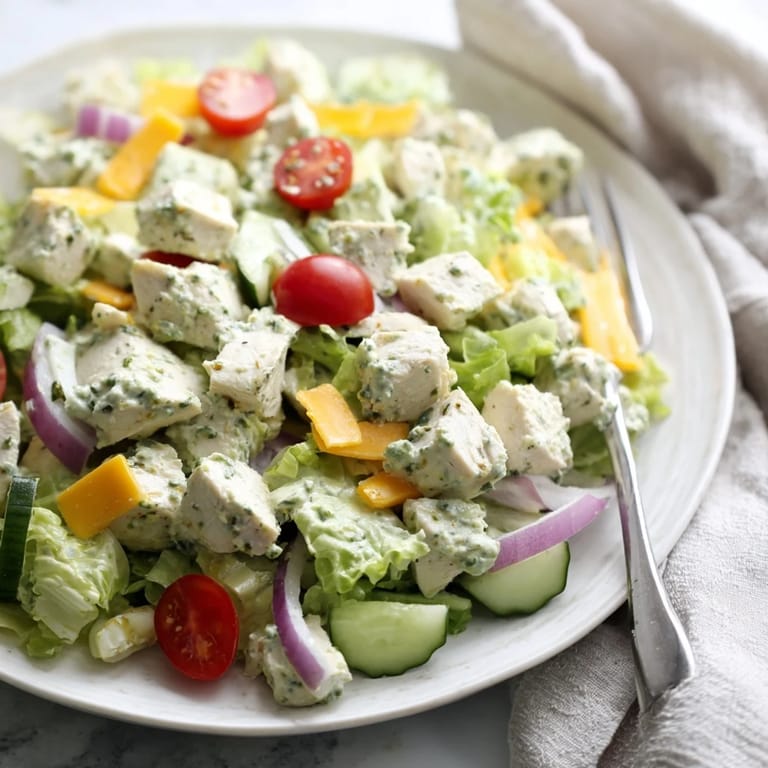 Spicy Jalapeño Ranch Chicken Salad featuring tender chicken, cool ranch dressing, and crunchy romaine, topped with optional crispy tortilla strips.