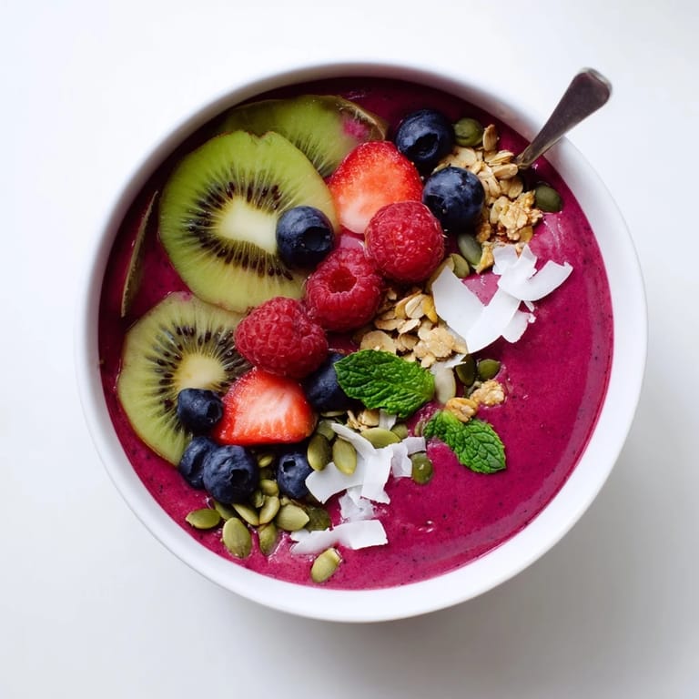A nutritious Beet and Berry Smoothie Bowl garnished with mint and shredded coconut for breakfast.