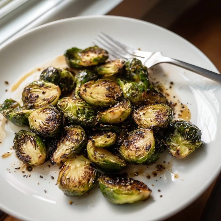 Freshly roasted Brussels sprouts tossed in olive oil and balsamic, glistening on a platter for an easy vegetarian side.