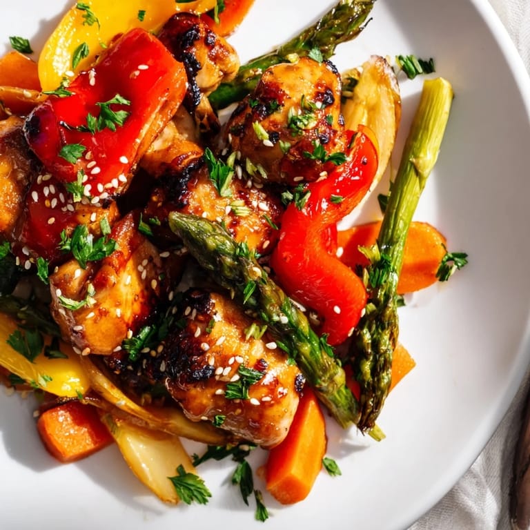 Golden, sticky honey garlic chicken and colorful roasted vegetables on a parchment-lined sheet pan, perfect for an easy weeknight dinner.