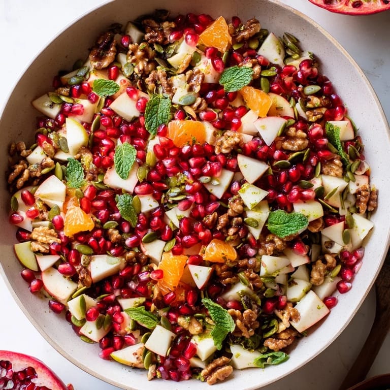 A festive bowl of Pomegranate and Walnut Salad with glistening seeds, nuts, and mint, ready for a quick 15-minute winter meal.