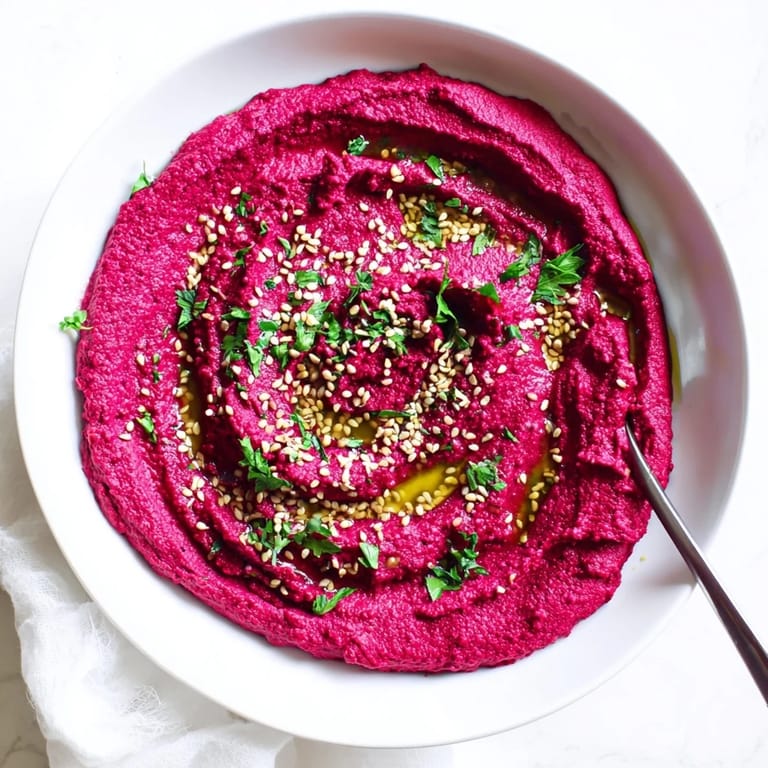 Thick, creamy Roasted Beet Hummus blended with roasted garlic and tahini, ready to be spread on warm bread.