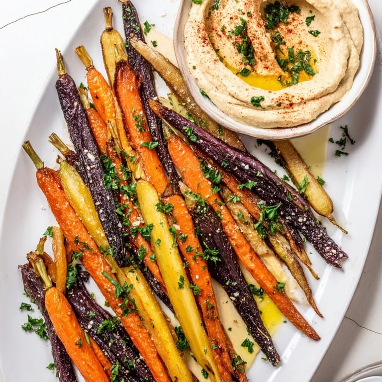 Rainbow carrots roasted to tender perfection alongside a bowl of spiced tahini hummus, ideal for sharing.