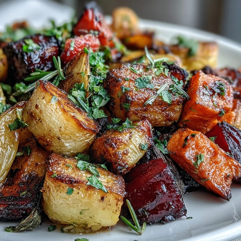 Golden, caramelized roasted root vegetables are garnished with fresh parsley on a white plate.