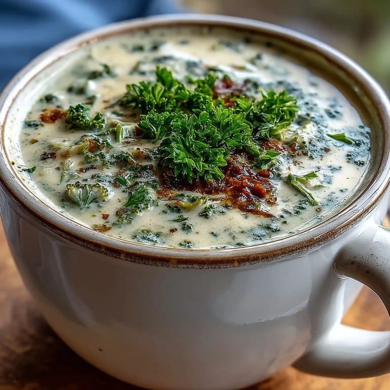 Velvety Creamy Vegetable Soup with visible vegetable pieces and steam rising, ready to be ladled from a pot.