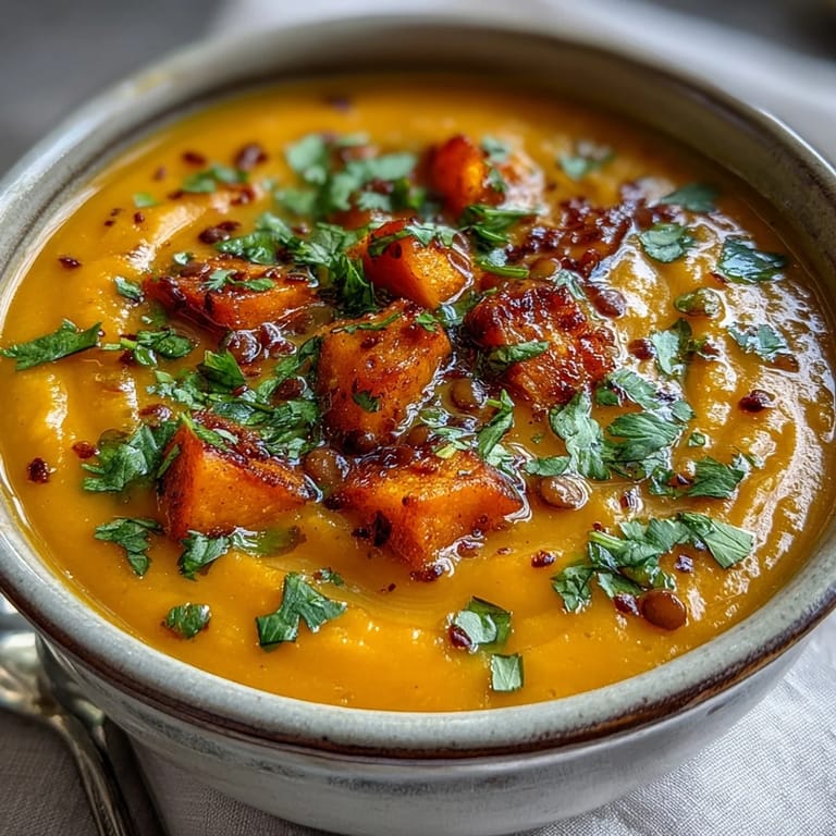 Hearty bowl of creamy butternut squash and lentil soup served with warm crusty bread.