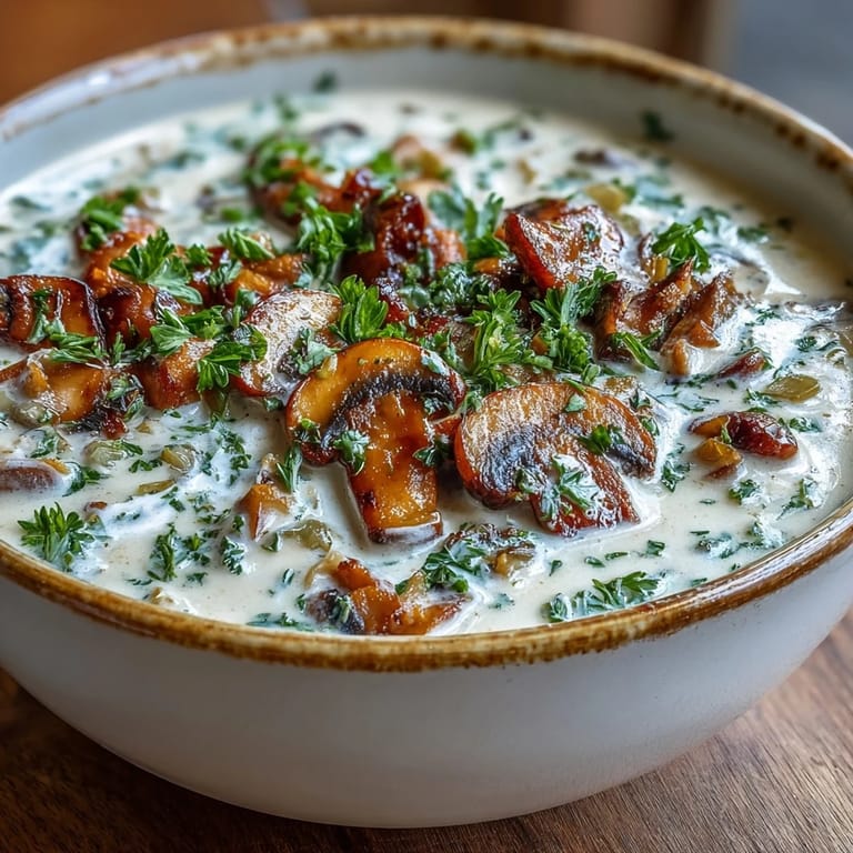 A ladle of Creamy Mushroom Stroganoff Soup poured over egg noodles in a ceramic pot, showcasing rich, umami broth with mushrooms and carrots.