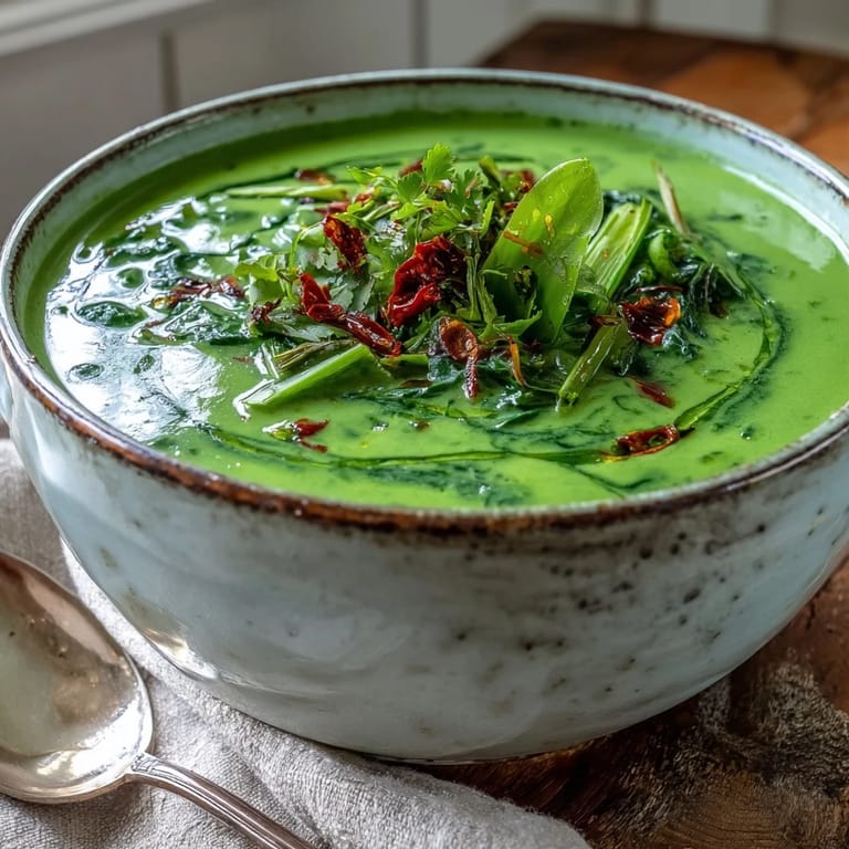 Spinach Coriander Lemongrass Soup steams in a white bowl, featuring creamy coconut texture and fresh herbs, with a spoon ready for a comforting lunch.