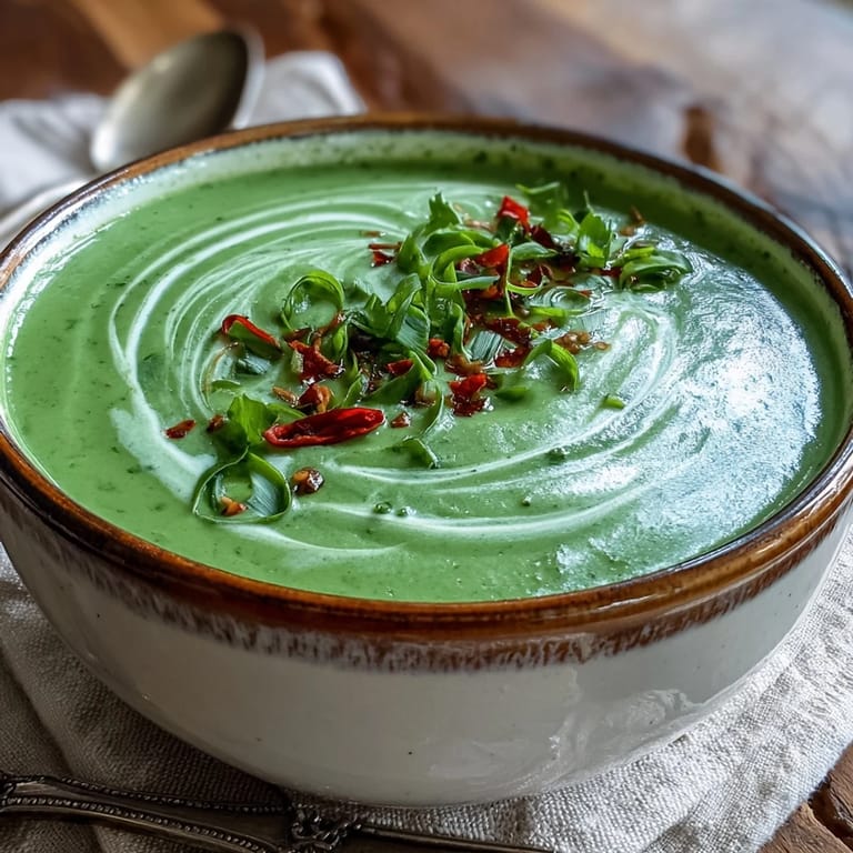 A vibrant Spinach Coriander Lemongrass Soup ladled into a ceramic bowl, garnished with cilantro and chili, ideal for serving alongside steamed jasmine rice.