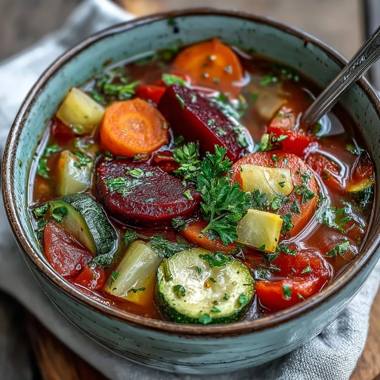 Vibrant Rainbow Vegetable Detox Soup topped with fresh parsley and lemon wedges served alongside crusty bread.