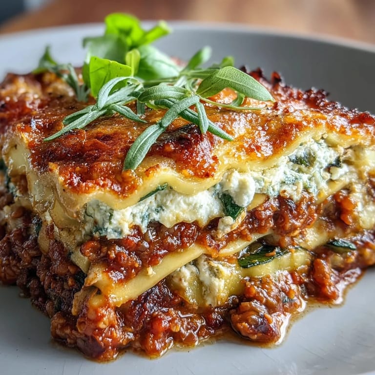 Smoky vegetable and lentil bolognese layers nestled between tender lasagne sheets in a rustic skillet.