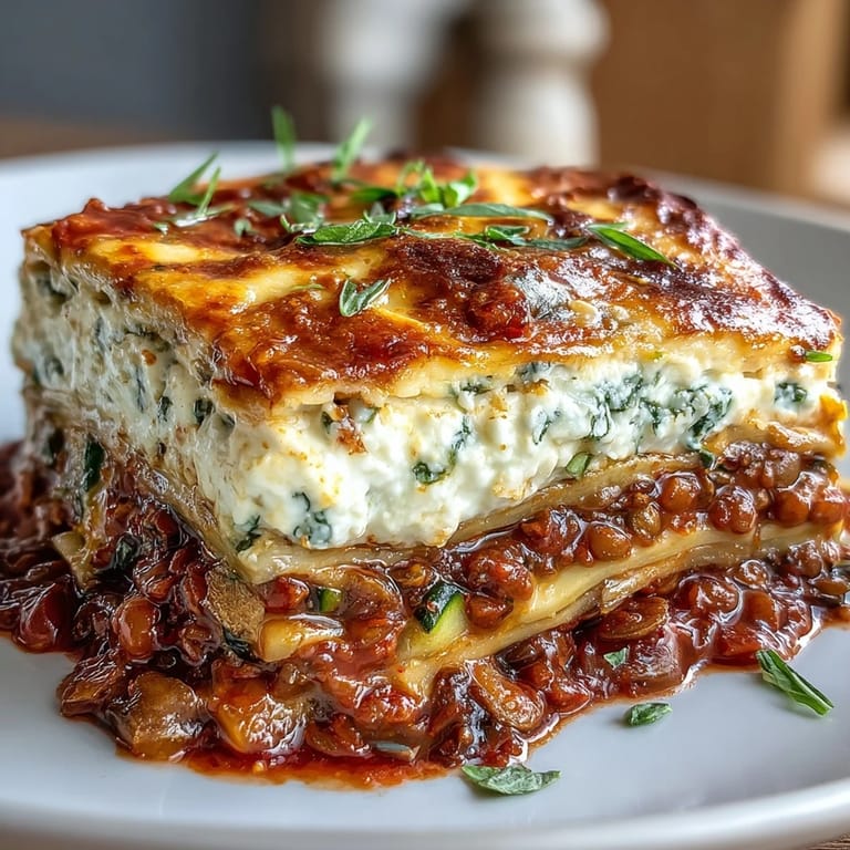 A hearty slice of One-Pan Smoky Veggie Lentil Lasagne served with a crisp side salad.