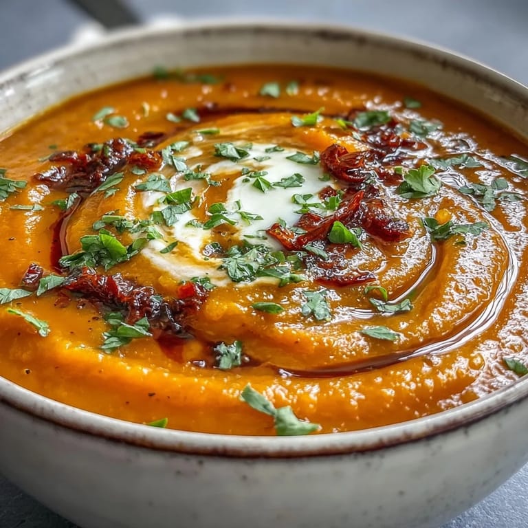 Spoon dipping into creamy vegan Carrot, Celeriac and Chilli Soup topped with cilantro. 