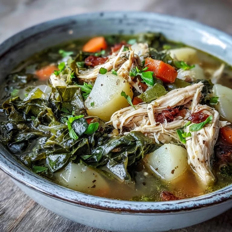 Brightly lit bowl of collard greens, chicken and vegetable soup ladle-ready, garnished with fresh thyme and black pepper.