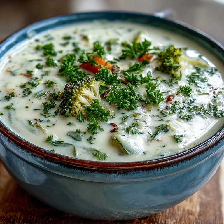 A comforting bowl of Creamy Vegetable Soup garnished with chopped parsley, paired with crusty bread on the side.