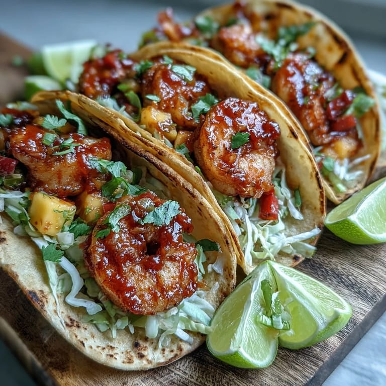 Close-up of Sriracha Shrimp Tacos with Mango Salsa showing juicy shrimp and vibrant salsa chunks.