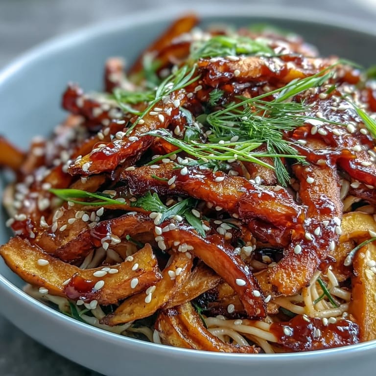 A close-up of Gochujang Swede Noodles with julienned carrots and bean sprouts, served as a satisfying Korean-inspired fusion meal.