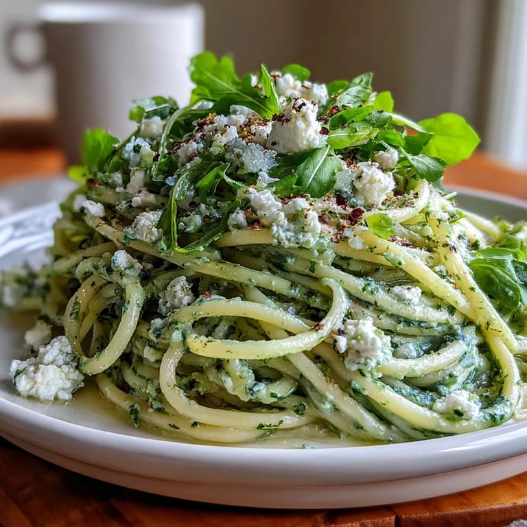 A vibrant bowl of Linguine with Arugula Pesto topped with extra arugula and grated Parmesan cheese.