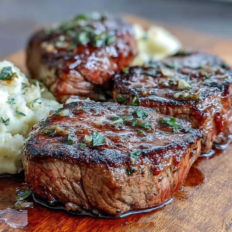 Close-up of Venison Steaks with Caraway Crushed Swede showing juicy meat against creamy, rustic vegetable mash.