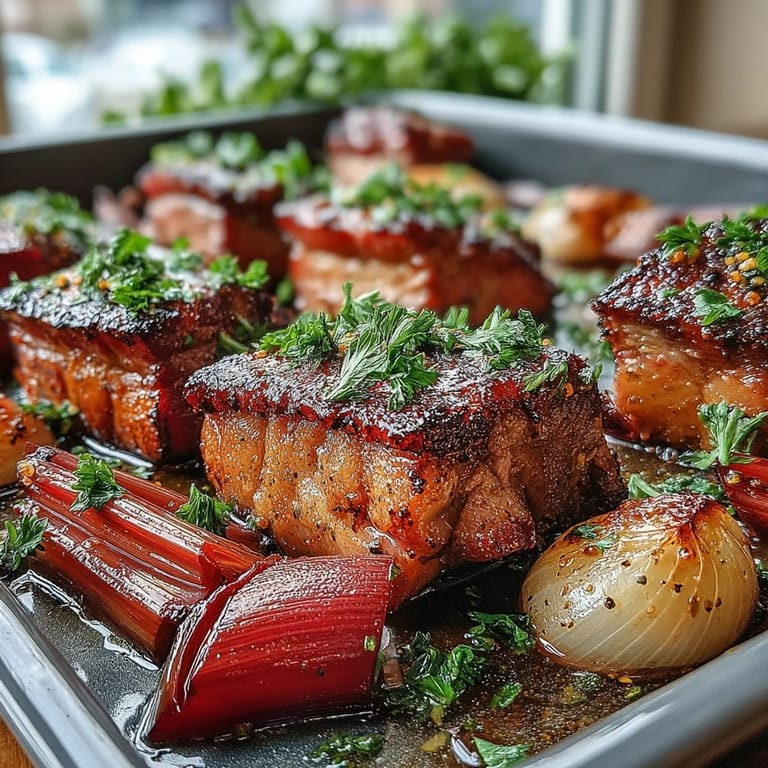 Freshly baked Pork and Aromatic Rhubarb Traybake garnished with vibrant green parsley, served alongside couscous for a complete meal.