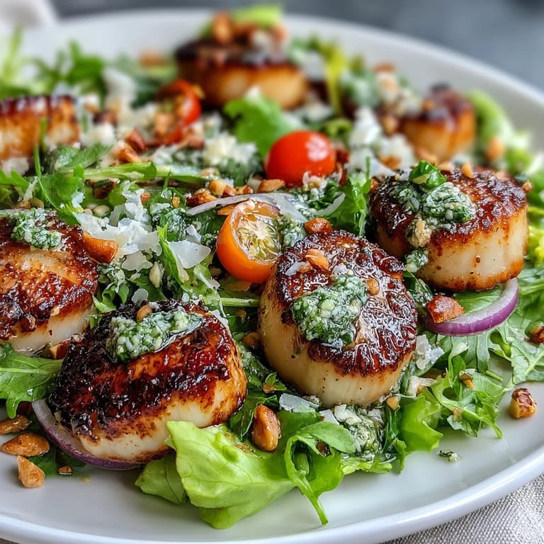 A vibrant plate of pan-seared scallops served with cherry tomatoes and a pesto dressing.