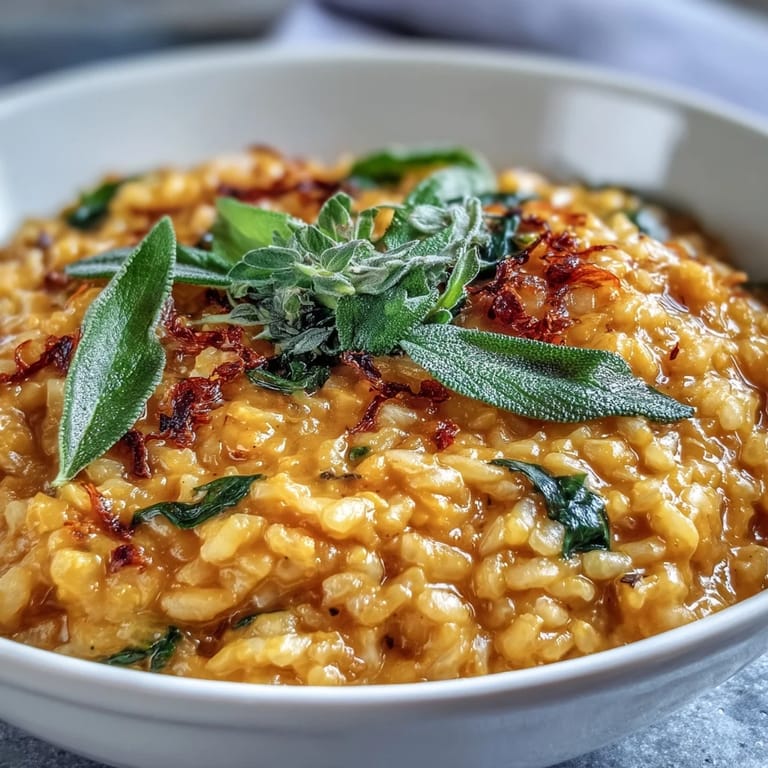 Warm Vegan Pumpkin Risotto is garnished with fresh sage and nutritional yeast for a cheesy, plant-based flavor.
