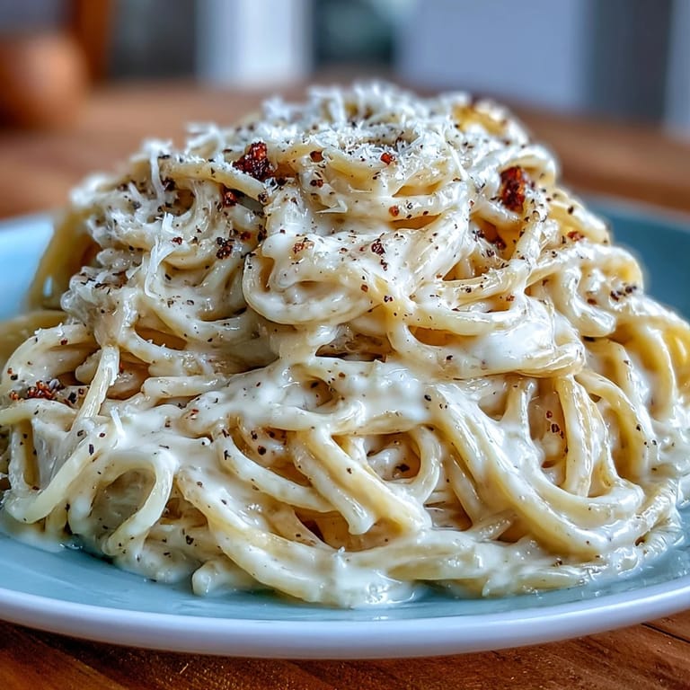 Close-up of Cacio e Pepe showing creamy Pecorino sauce coating spaghetti with a sprinkle of black pepper.