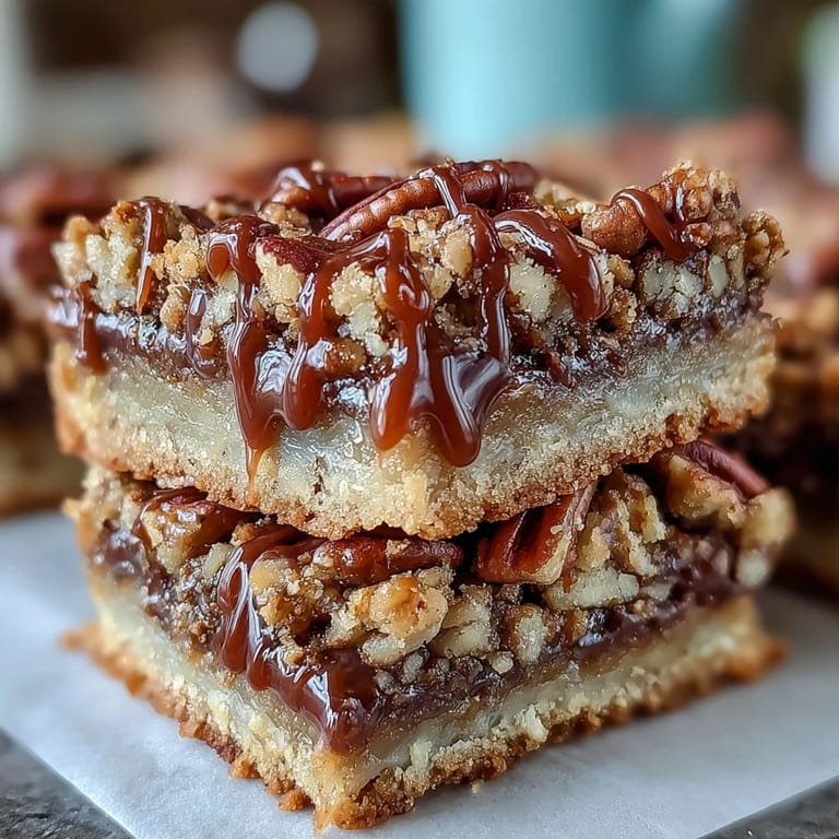 Decadent Sweet and Chewy Turtle Bars feature golden baked crumbs, melted chocolate, and pecans in a 9x9-inch pan.