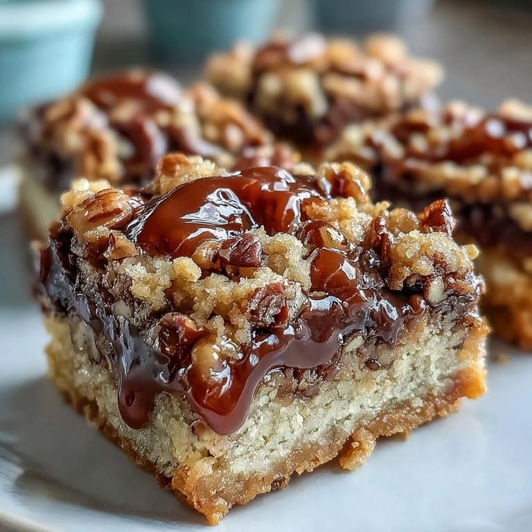 A close-up of Decadent Sweet and Chewy Turtle Bars shows caramel pools and toasted oats on a dessert plate.