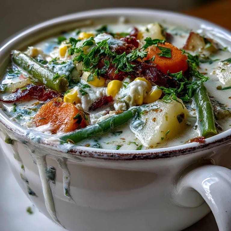 Hearty Amish Snow Day Soup features corn, potatoes, and carrots in a velvety thyme-infused broth, ready to ladle.