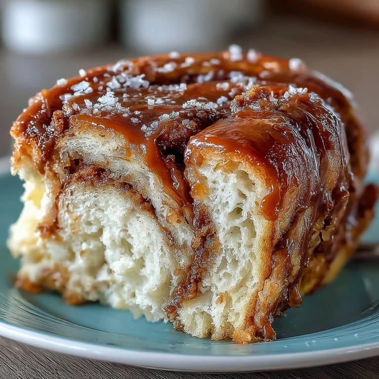 A slice of Caramel Cream Cheese Bread reveals gooey caramel ribbon and rich cream cheese center beside a steaming coffee mug.