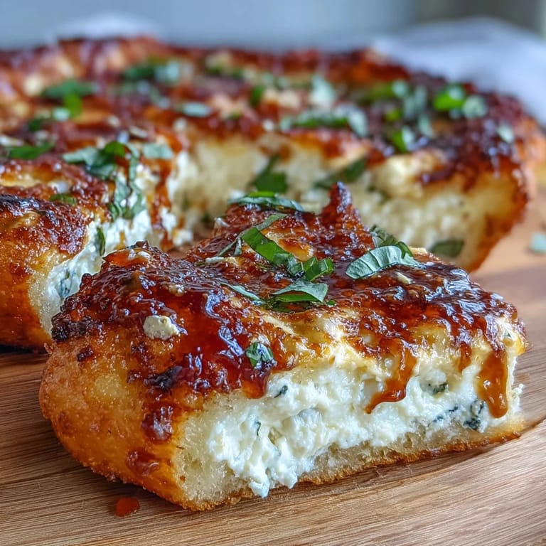 Slices of Hot Honey Ricotta Pizza with spicy honey drizzle, served on a rustic wooden board.