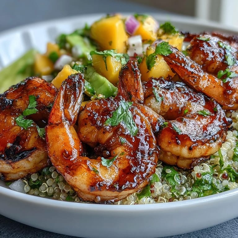 A vibrant bowl of Fresh Shrimp and Creamy Avocado Bowls topped with zesty mango salsa, served with lime wedges and fluffy quinoa.