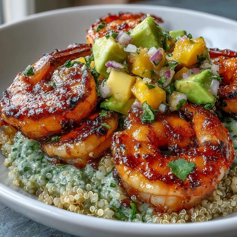 Close-up of Fresh Shrimp and Creamy Avocado Bowls highlighting juicy shrimp, creamy avocado slices, and a colorful mango salsa garnish.