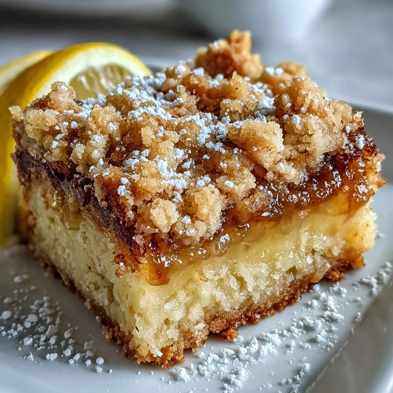 Golden crumb bars with tangy lemon filling sit on a rustic wooden board, perfect for a sweet treat.