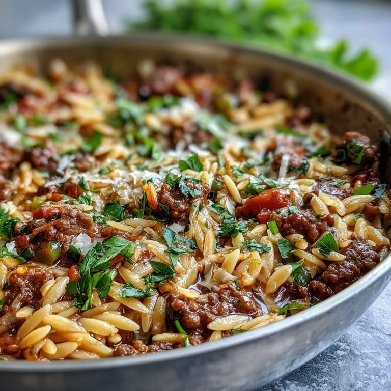 Plated Comforting Ground Beef Orzo Dinner shows juicy beef, tender orzo, and vibrant peas, with a side salad for a satisfying American family dinner.