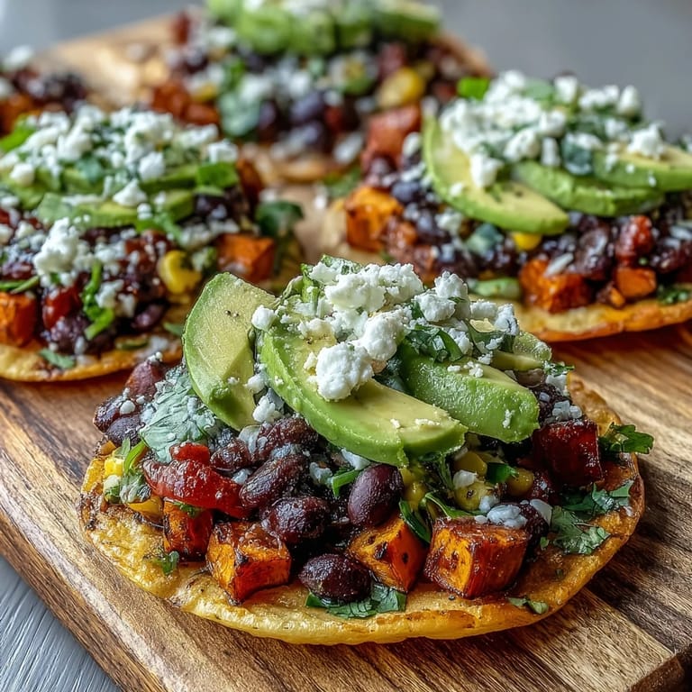 Crisp gluten-free tostada shells hold caramelized sweet potatoes and seasoned black bean corn mixture, garnished with avocado, feta, and fresh cilantro for an easy Mexican-inspired meal.