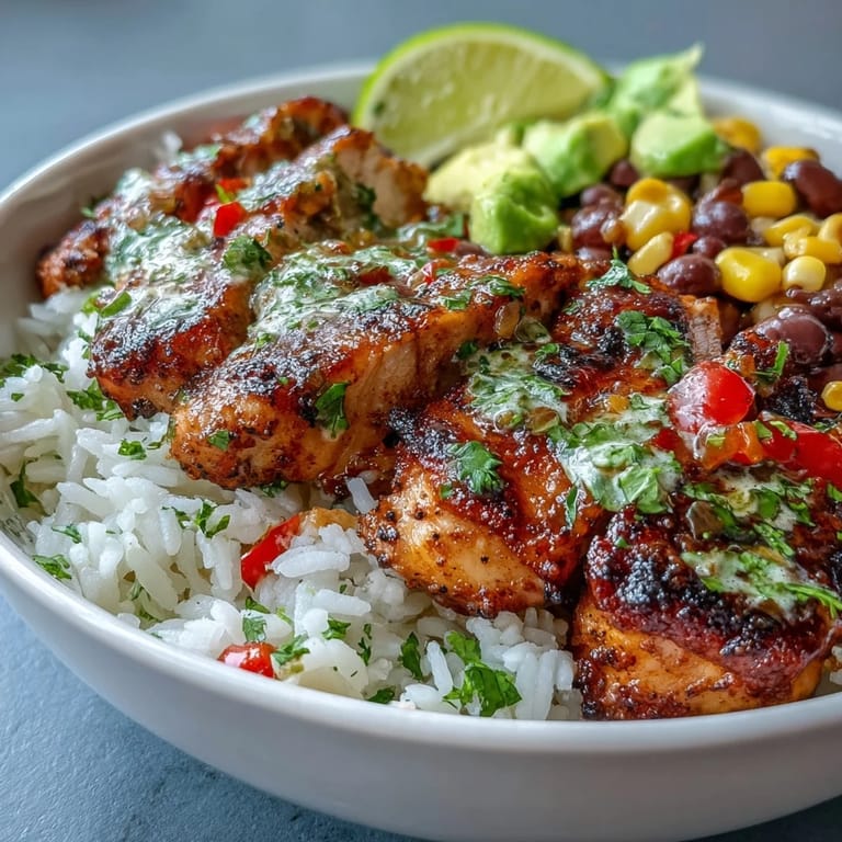 Sizzling Cajun-spiced chicken served over colorful rice, peppers, and corn in a glazed ceramic bowl.