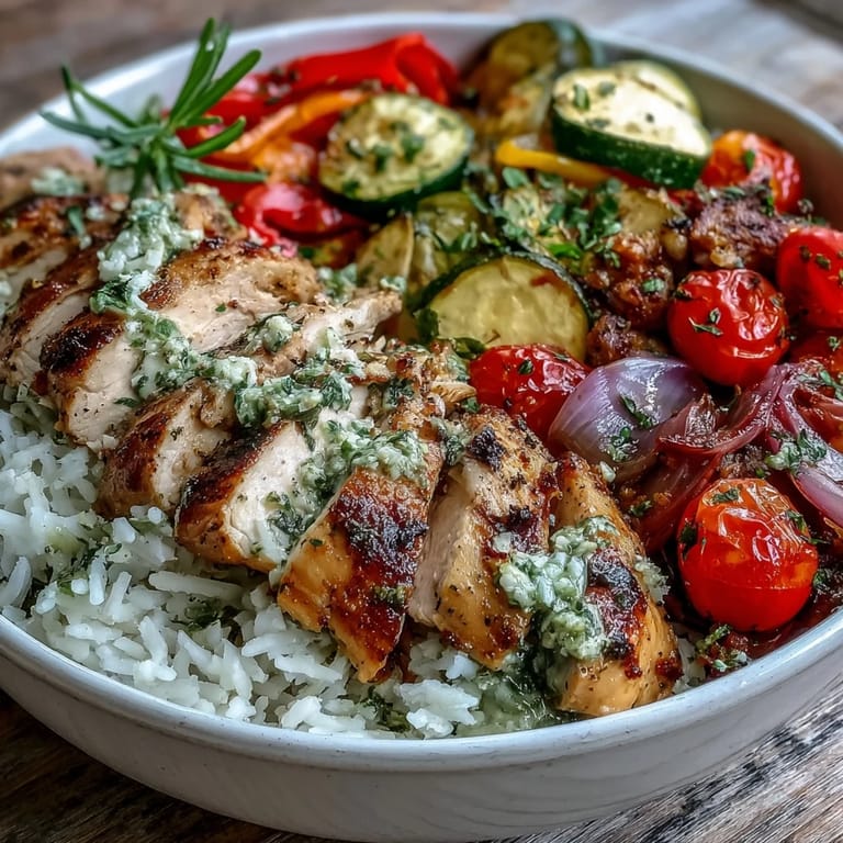 A vibrant, wholesome bowl featuring golden rosemary chicken, steaming rice, and roasted veggies finished with zesty lemon dressing.