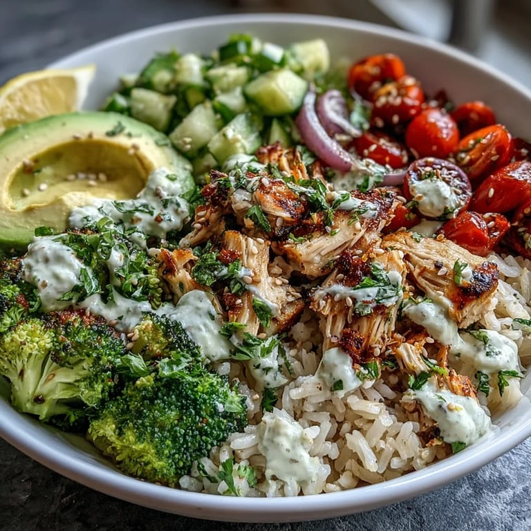 Colorful Rotisserie Chicken Bowl topped with cherry tomatoes, cucumber, and a drizzle of sauce.