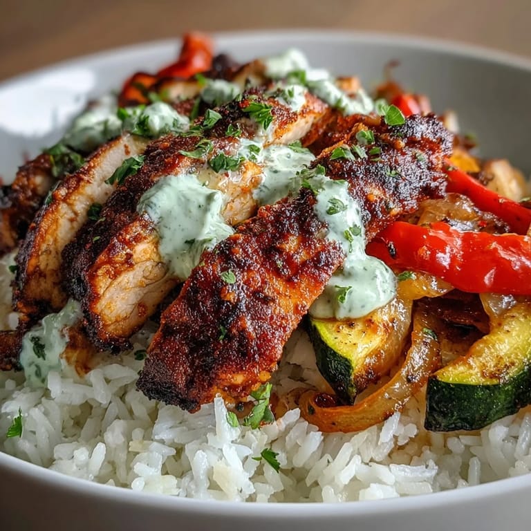 A freshly assembled Blackened Chicken Bowl with vibrant veggies and a zesty lime crema garnish.