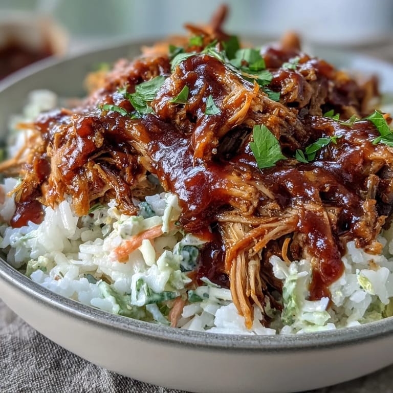 Slow-cooker pulled pork bowl piled high with rice, crunchy slaw, and barbecue sauce on rice.