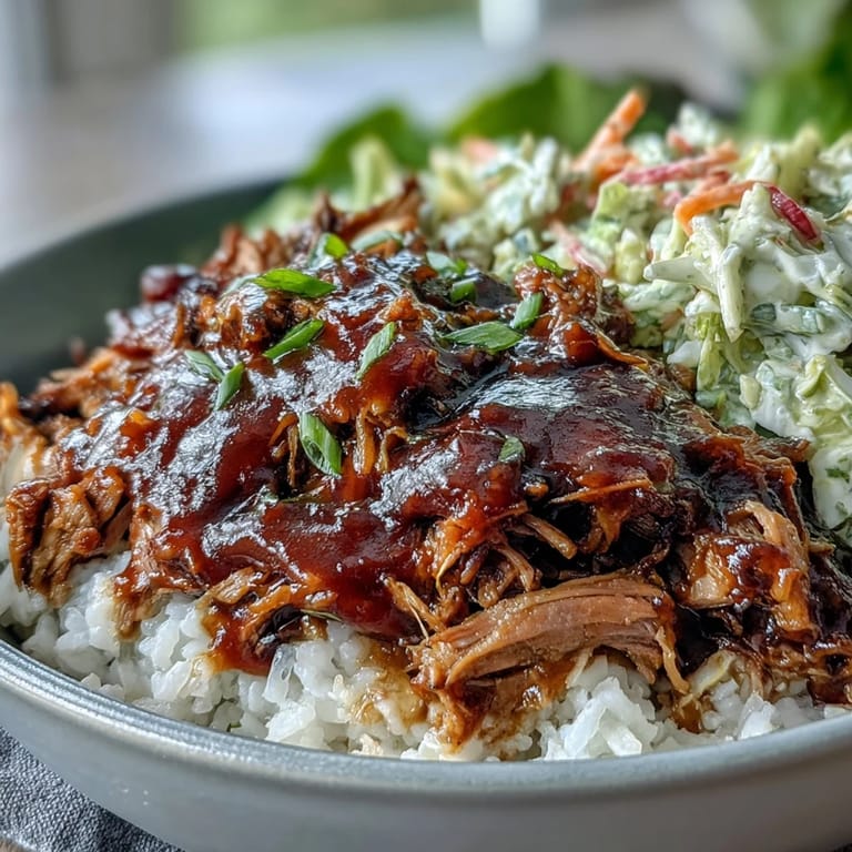 American-style pulled pork bowl with juicy pork, crisp slaw, and rich barbecue sauce over rice.