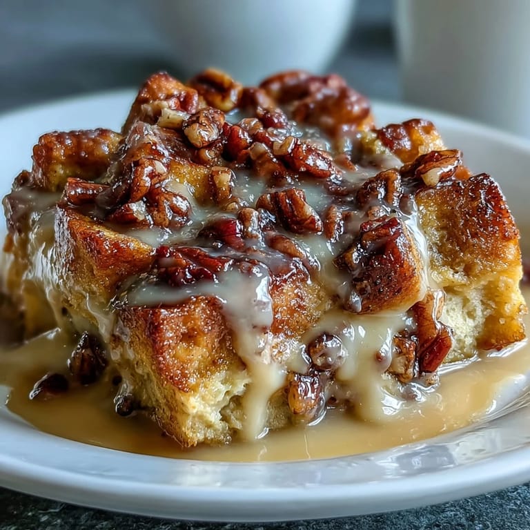 Spoonful of Guava Caramel Bread Pudding with Pecans lifted over a bowl, showing soft custard-soaked bread and crunchy toasted nut topping.