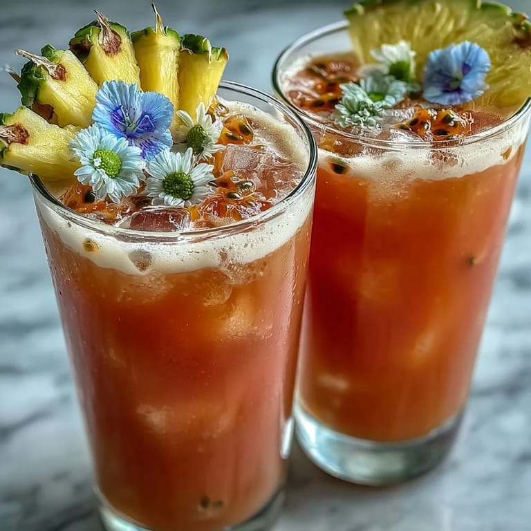 Homemade Iced Guava Passionfruit Drink topped with pineapple-ginger syrup, featuring fresh ginger and pineapple juice for a sweet-tart flavor.