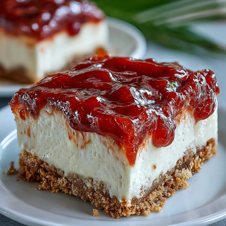 A no-bake Easy Guava Swirl Cheesecake on a white plate with a fork and tropical flowers nearby.